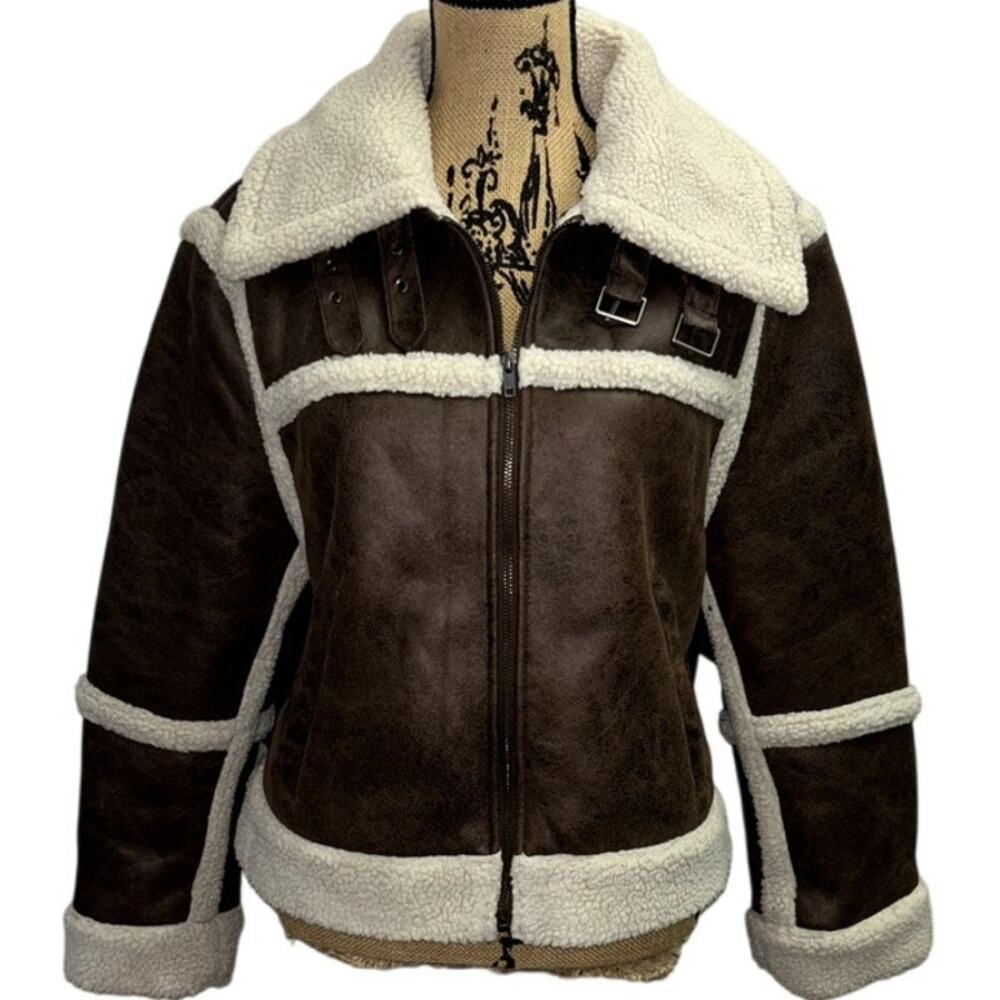 Divided Sherpa Faux Suede Aviator Jacket Brown Cream Size XL Trashy Y2k Winter